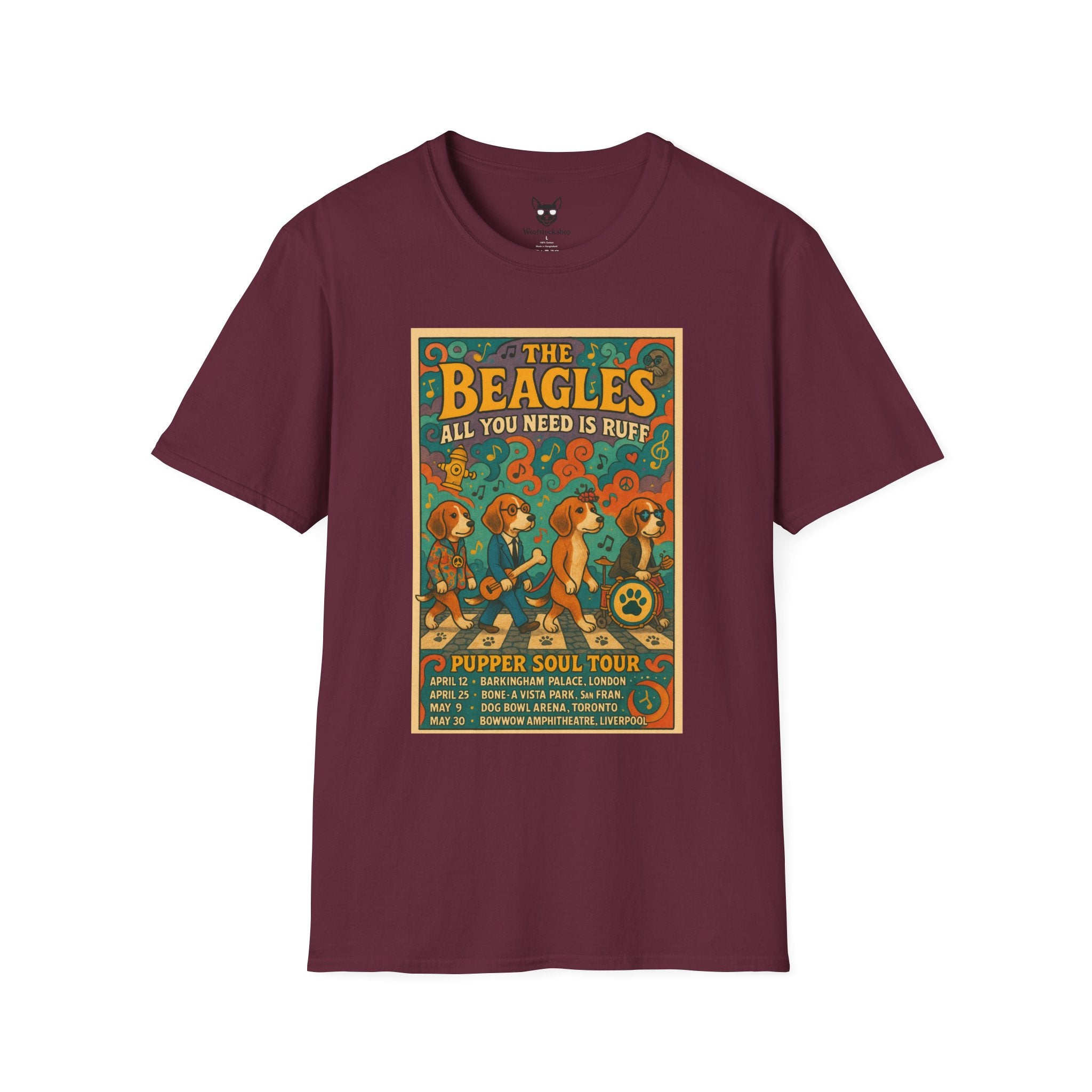 The Beatles Concert Poster Dog Parody Unisex Softstyle T-Shirt -- Funny Dog Concert Tee for Music and Dog Lovers